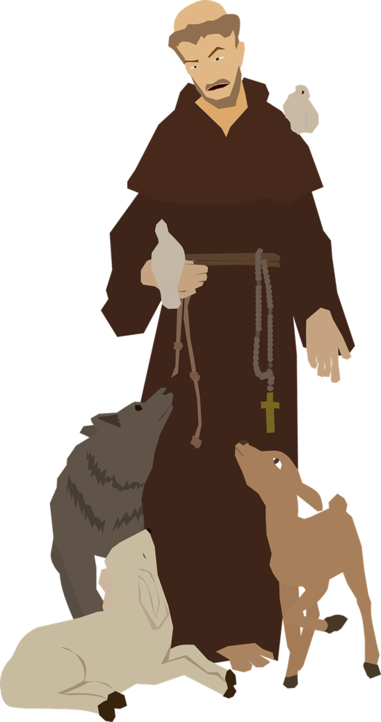 St. Francis of Assisi around 3 sheep and a bird on his shoulder